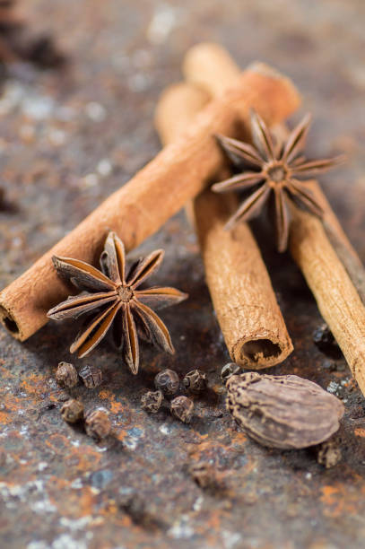 palos de canela, estrellas de anís, cardamomo y granos de pimienta negra sobre fondo texturizado - cardamom spice cinnamon bark anise star fotografías e imágenes de stock