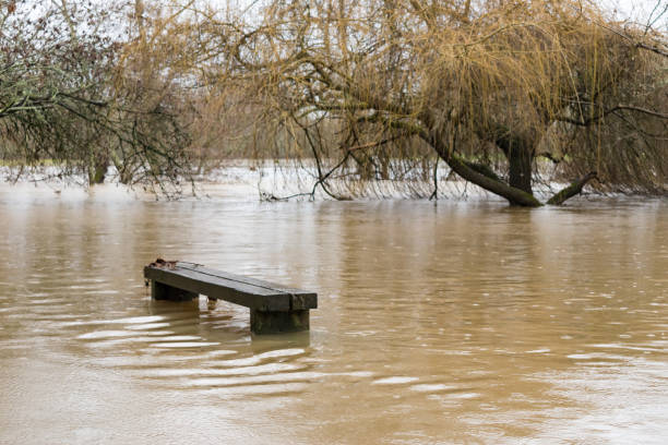 eine bank wird teil der river mole in brockham, surrey, uk, da starke regenfälle im dezember 2019 überschwemmungen in surrey und sussex verursachten - dirty bench empty park stock-fotos und bilder
