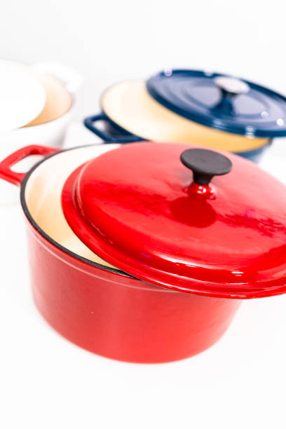 istock Red, white and blue enameled cast iron covered round dutch ovens 1196073164