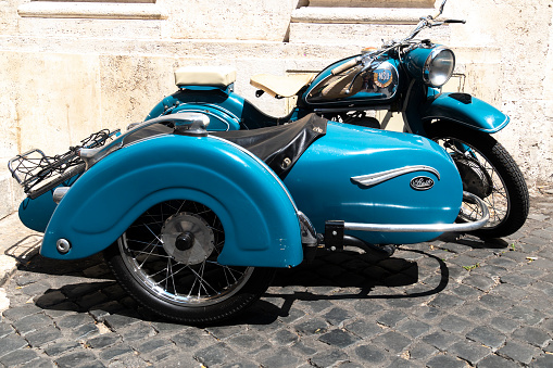 Rome, Italy - July 16, 2019: NSU motorcycle with a Steib sidecar. Steib Metallbau, later trading as Josef Steib Spezialfabrik für Seitenwagen, was a German company manufacturing sidecars