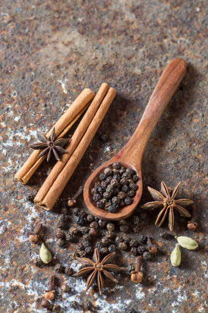 especias y hierbas. ingredientes de la comida y la cocina. palos de canela, estrellas de anís, granos de pimienta negra y cardamomo sobre un fondo texturizado. - cardamom spice cinnamon bark anise star fotografías e imágenes de stock