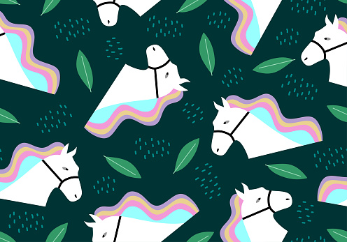 Horse seamless pattern with leaves greenery colorful background. Vector illustration for kids and baby apparel fashion textile print.