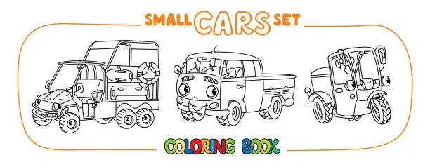 Vector illustration of Funny small cars with eyes. Coloring book set