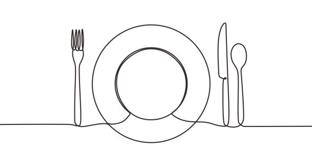 Continuous one line drawing of plate, knife, spoon, and fork. Concept of food theme. Minimalism design symbol and sign. Continuous one line drawing of plate, knife, spoon, and fork. Concept of food theme. Minimalism design symbol and sign. dining illustrations stock illustrations