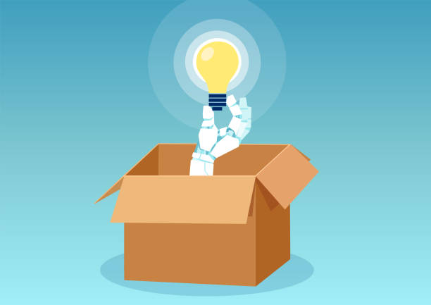 istock Vector of a robot sticking hand with light bulb out of the box 1196078387