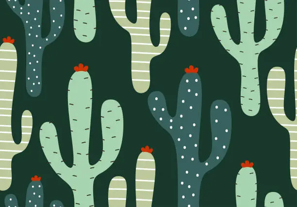 Vector illustration of Cactus seamless pattern with hand drawn cute scandinavian style. Exotic jungle botanical garden green colors theme. Vector illustration for kids and baby apparel fashion textile print.