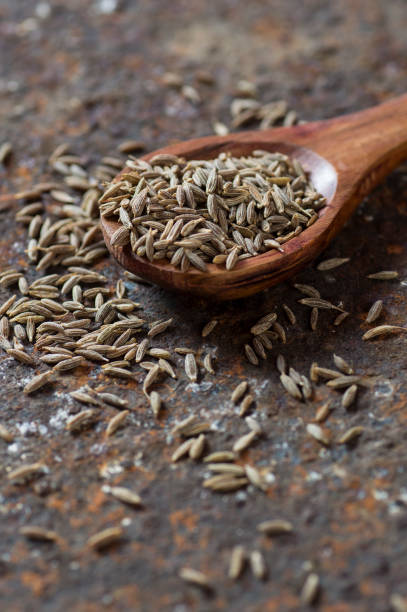 istock Cumin seeds in wooden spoon on a textured background 1196083810