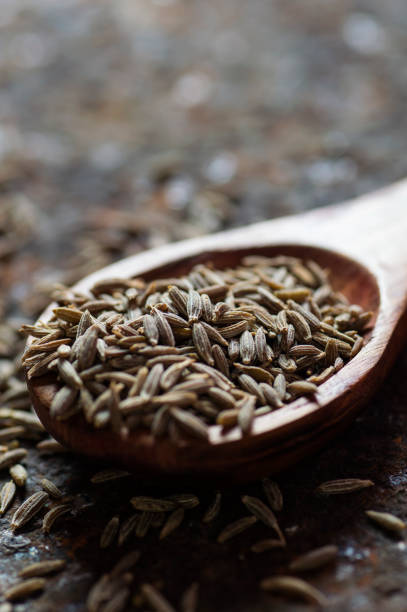 istock Cumin seeds in wooden spoon on a textured background 1196083909