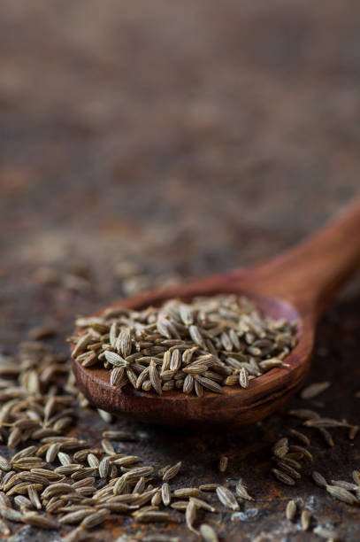 istock Cumin seeds in wooden spoon on a textured background 1196083987