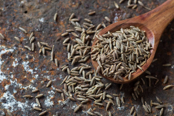 istock Cumin seeds in wooden spoon on a textured background 1196084113