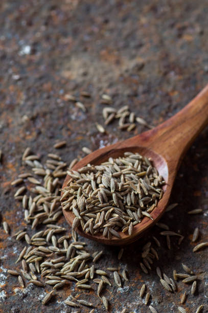 istock Cumin seeds in wooden spoon on a textured background 1196084148