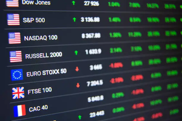 macro shot of computer monitor with world stock market data in trading application