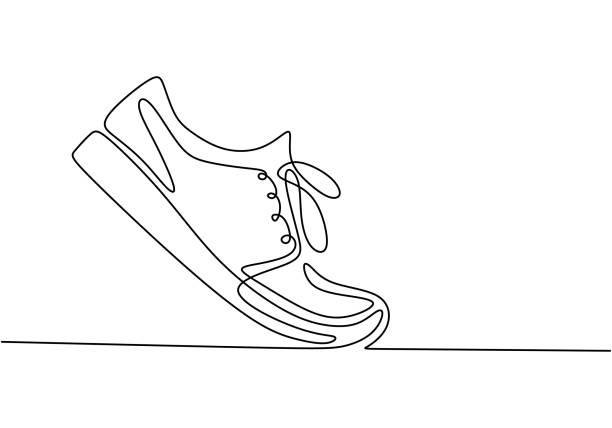 ilustraciones, imágenes clip art, dibujos animados e iconos de stock de ilustración vectorial de zapatillas. zapatos deportivos en estilo de l�ínea. diseño continuo de minimalismo de dibujo de una línea. - calzado