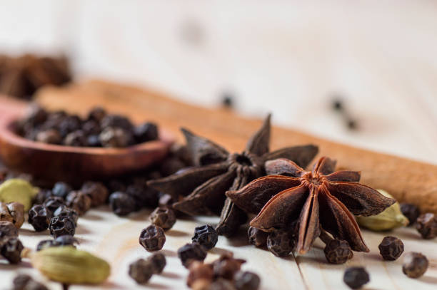 especias y hierbas. ingredientes de la comida y la cocina. palos de canela, estrellas de anís, granos de pimienta negra, chile, cardamomo y clavosobre sobre un fondo de madera - cardamom spice cinnamon bark anise star fotografías e imágenes de stock