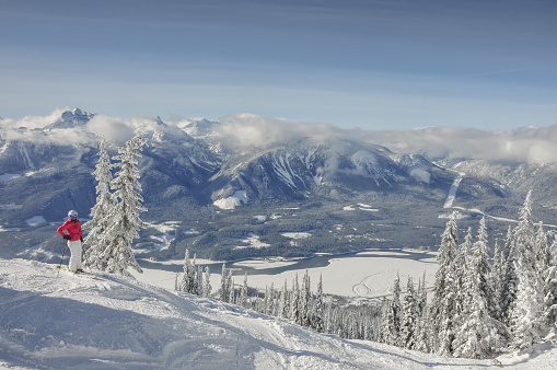 One adult female skier standing on steep hill with snow covered trees and a majestic mountain view in Revelstoke, Canada.