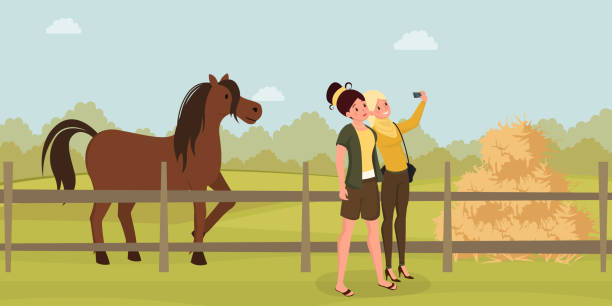 Girls Selfie On Farm Flat Illustration Young Women Photographing Horse  Cartoon Characters Female Tourists Visiting Farmland Enjoying Pastime With  Livestock Animals Rural Recreation Idea Stock Illustration - Download Image  Now - iStock