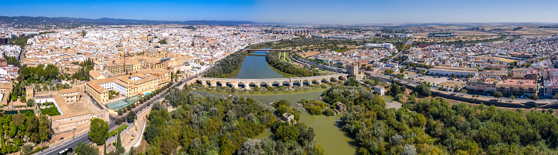 panorama WITHOUT SKY, aerial view of the old city of Cordoba and Romano Bridge. Spain