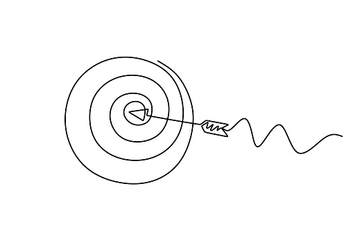 Continuous line drawing of arrow in center of target. One hand drawn goal object of archery business challenge metaphor. Vector illustration hunting and winner theme.
