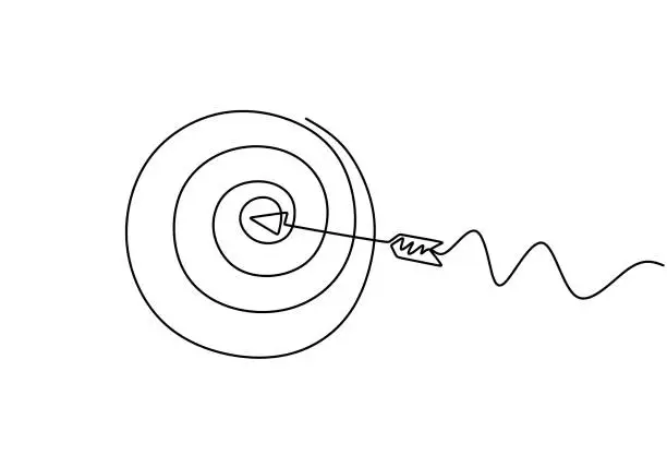 Vector illustration of Continuous line drawing of arrow in center of target. One hand drawn goal object of archery business challenge metaphor. Vector illustration hunting and winner theme.