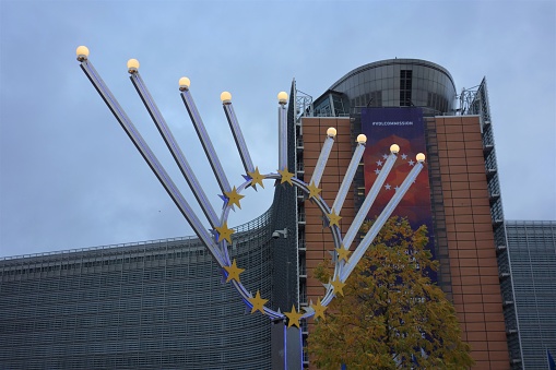 Bruxelles, Belgium - December 20, 2019: Huge Chanukah Menorah in Brussels’ EU quarter, religious candle holder, organised by the European Jewish Community Centre and the European Jewish Association