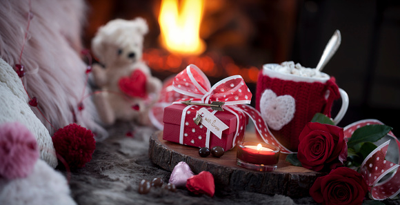 Valentine's Day Hot Chocolate and a Gift in Front of the Fireplace