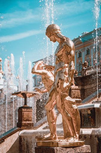 24th of December, 2019 - The statues near the fountain at Peterhof palace in St. Petersburg, Russia.