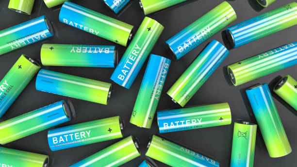 istock A lot of colored batteries on a black table. Top view. 1196091557