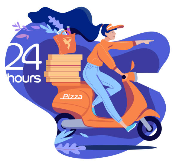 illustrazioni stock, clip art, cartoni animati e icone di tendenza di giovane donna su uno scooter consegna la pizza su ordinazione 24 ore di notte, illustrazione vettoriale piatta - aiming cycling isolated showing