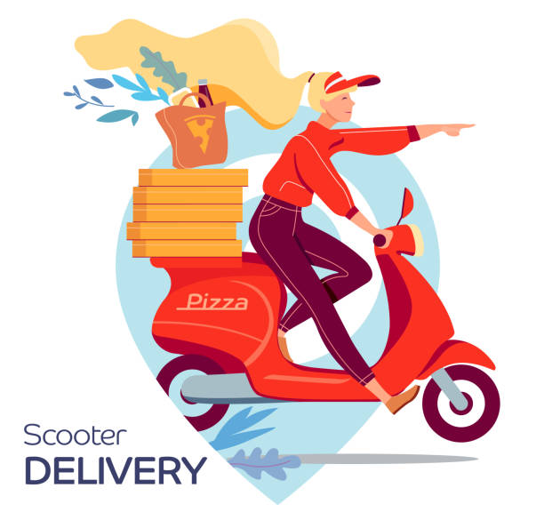 illustrations, cliparts, dessins animés et icônes de jeune femme sur un scooter livre la pizza pour commander 24 heures la nuit, illustration plate de vecteur - aiming cycling isolated showing