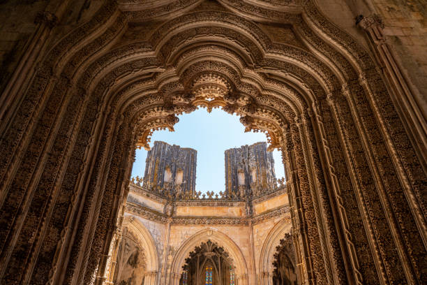 Unfinished chapel at the Monastery of Batalha near Leiria in Portugal Leiria, Portugal - 20 August 2019: Manueline carvings on doorway into the unfinished Chapels of Batalha Monastery near Leiria in Portugal batalha photos stock pictures, royalty-free photos & images