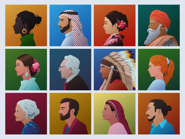 People of different cultures profile faces vector Random people of different cultures and races faces in profile. Diversity. Avatars. Vector images set. chinese old man face stock illustrations
