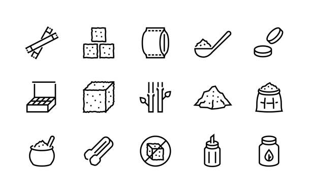 ilustrações de stock, clip art, desenhos animados e ícones de 1908.m30.i020.n025.p.c25.1377381059 sugar line icon. sweeteners products, sugar cane cube bag and packages, stevia and cane organic sugar pictograms. vector set - sweet sauce tablespoon food sweet food