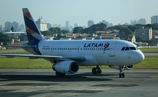 sao paulo, sp/brazil - February 11, 2017: Airbus of Latam Linhas Aereas seen in the Congonhas Airport courtyard in Sao Paulo city