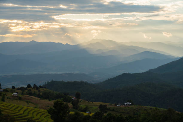 istock Sunlight ray shining on beautiful rice terraces 1196109056