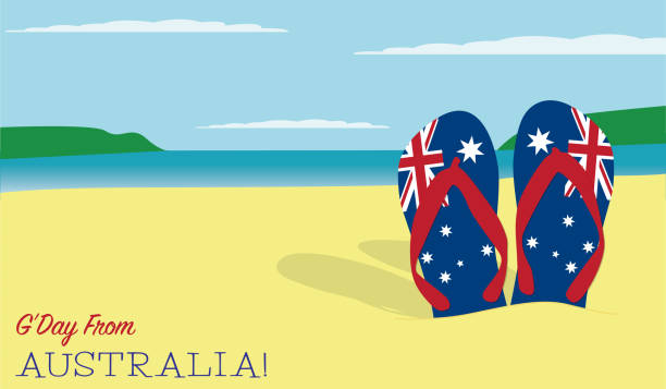 thongs (flip-flops) in der sand-australien-tag-szene - australia australia day celebration flag stock-grafiken, -clipart, -cartoons und -symbole