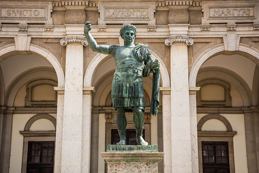 Monument To Roman Emperor Constantine I, in front of San Lorenzo Maggiore basilica in downtown of Milan, Italy
