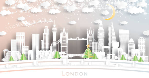 London England City Skyline in Paper Cut Style with Snowflakes, Moon and Neon Garland. London England City Skyline in Paper Cut Style with Snowflakes, Moon and Neon Garland. Vector Illustration. Christmas and New Year Concept. Santa Claus on Sleigh. winter wonderland london stock illustrations