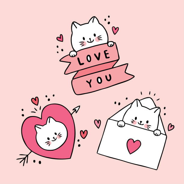 Cartoon Cute Valentines Day White Cats And Doodle Love Vector Stock  Illustration - Download Image Now - iStock