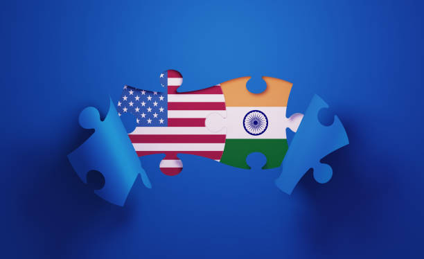 Jigsaw Puzzle Pieces Textured With American and Indian Flags