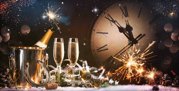 New Years Eve celebration background New Years Eve celebration background. Toast with fireworks and champagne at midnight cooler container photos stock pictures, royalty-free photos & images