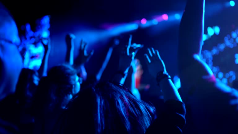 4K Dancing crowd at rock'n'roll gig cheering