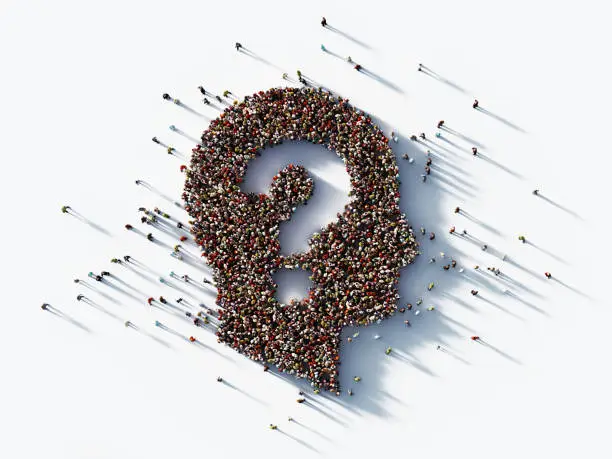 Photo of Human Crowd Forming A Male Head with Question Mark on White Background: Social Media Concept