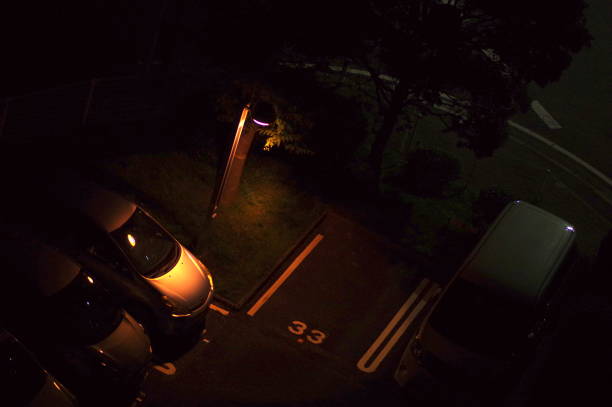 parking lot at night. - street light parking lot night lot imagens e fotografias de stock