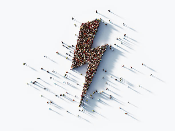 Human Crowd Forming A Lightning Symbol on White Background