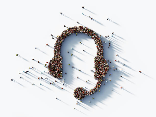 Human Crowd Forming A Headset Symbol on White Background Human crowd forming a headset symbol on white background. Horizontal  composition with clipping path and copy space. social listening stock pictures, royalty-free photos & images
