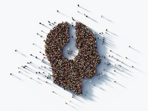 istock Human Crowd Forming A Male Head with Earphone Symbol on White Background 1196147899