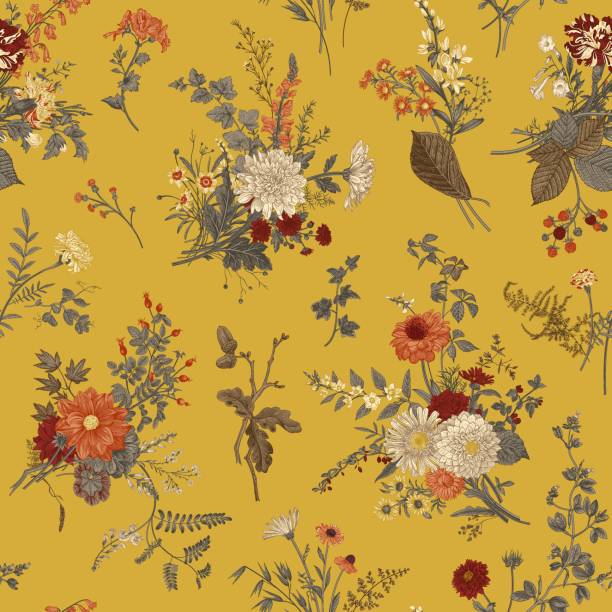 Yellow autumn pattern Vintage floral illustration. Seamless pattern. Autumn floral pattern. Warm crocosmia stock illustrations