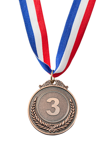 Bronze medal for third place. Bronze award with the number two. Isolated on a white background.