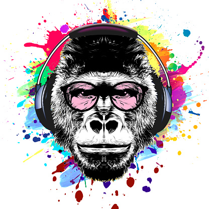 artistic monkey muzzle in eyeglasses with colorful paint splatters on white background.