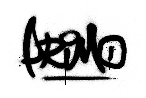 ilustrações de stock, clip art, desenhos animados e ícones de graffiti primo word sprayed in black over white - spray paint vandalism symbol paint